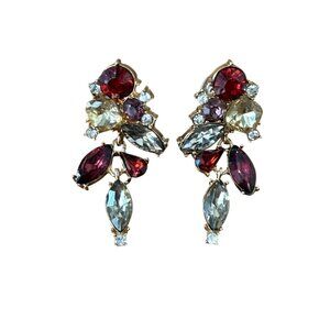 Vintage Rhinestone Cluster Earrings Gold-Tone Red & Clear Stones